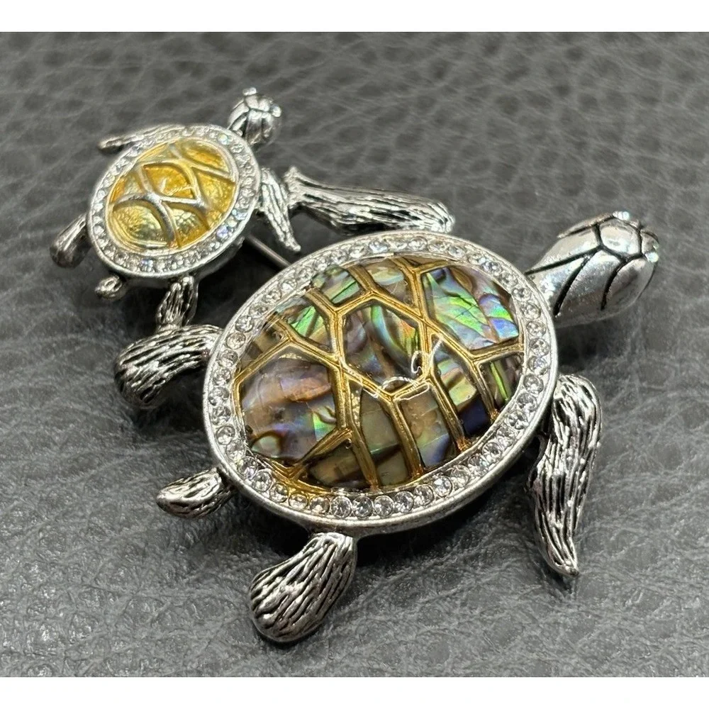 VTG Napier Mother Baby Sea Turtle Brooch Abalone Shell Rhinestone Silver Tone